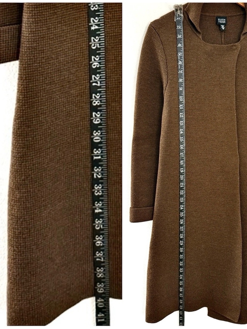 Eileen Fisher Knit Long Coat Cardigan Merino Wool Medium Brown Lagenlook Office - Picture 11 of 13